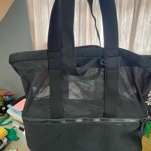 Black Mesh Tote Bag with insulated compartment on the bottom